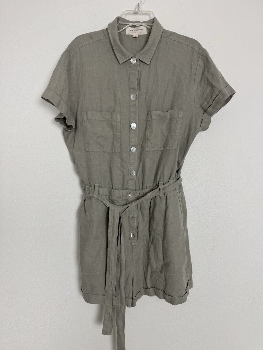 Cloth & Stone 100% Linen Romper Women’s XL Tie Waist Sage Green Anthropologie